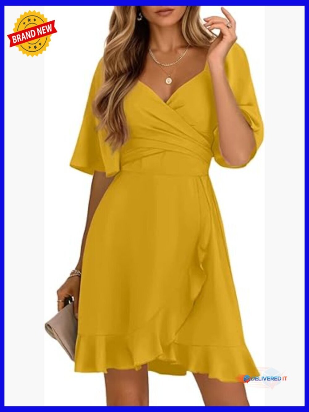 Wrap V Neck Short Flared Sleeve Smocked Elastic Waist Tiered Belted Ruffle Hem
